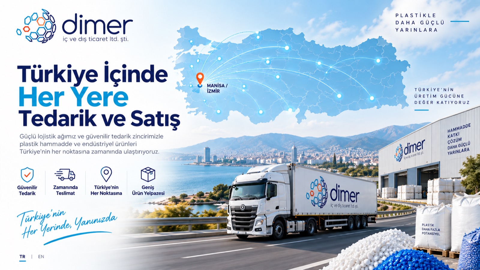 Türkiye içinde her yere tedarik ve satış – Dimer Trade tırı ve Türkiye haritası